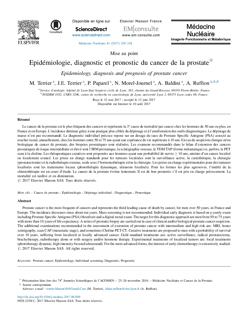 Mise au pointEpidémiologie, diagnostic et pronostic du cancer de la prostateEpidemiology, diagnosis and prognosis of prostate cancer