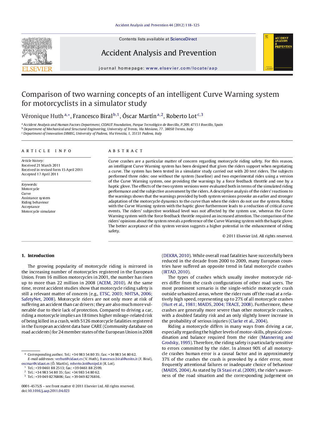 Comparison of two warning concepts of an intelligent Curve Warning system for motorcyclists in a simulator study