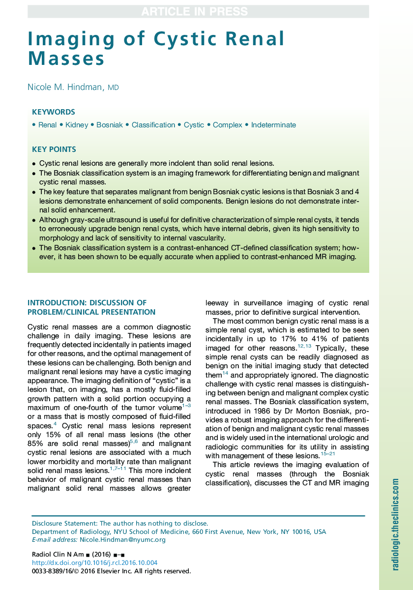 Imaging of Cystic Renal Masses