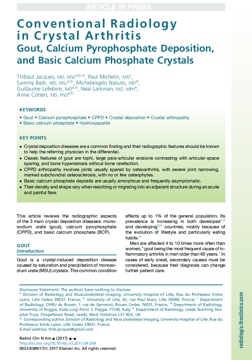 Conventional Radiology in Crystal Arthritis