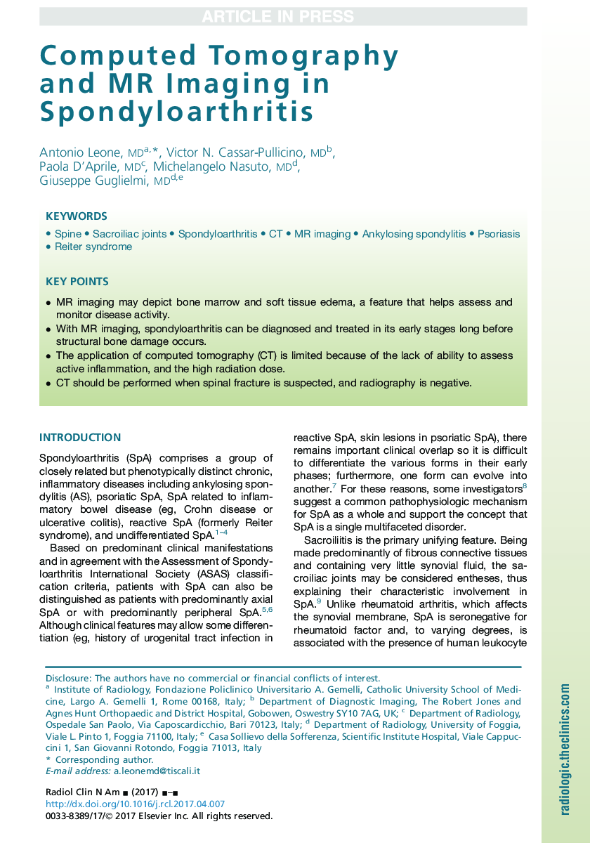 Computed Tomography and MR Imaging in Spondyloarthritis