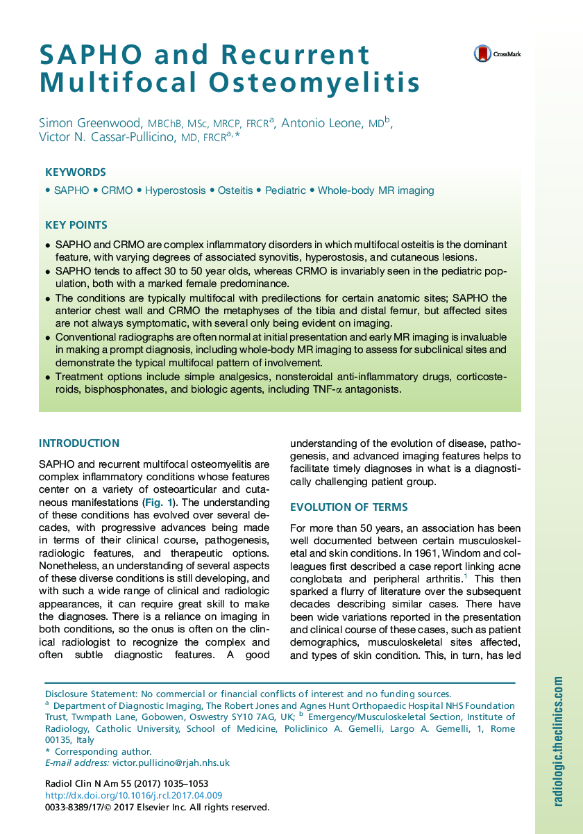 عکس صفحه اول مقاله: SAPHO and Recurrent Multifocal Osteomyelitis SAPHO and Recurrent Multifocal Osteomyelitis