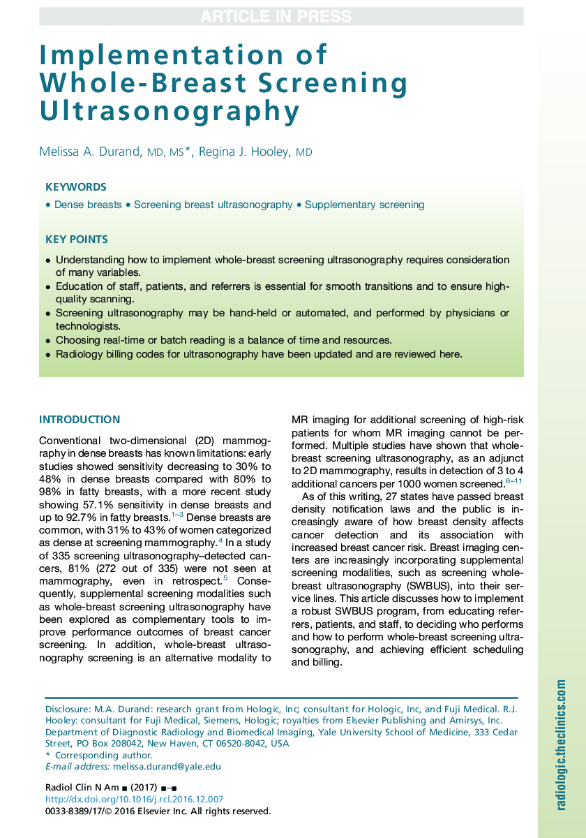 Implementation of Whole-Breast Screening Ultrasonography