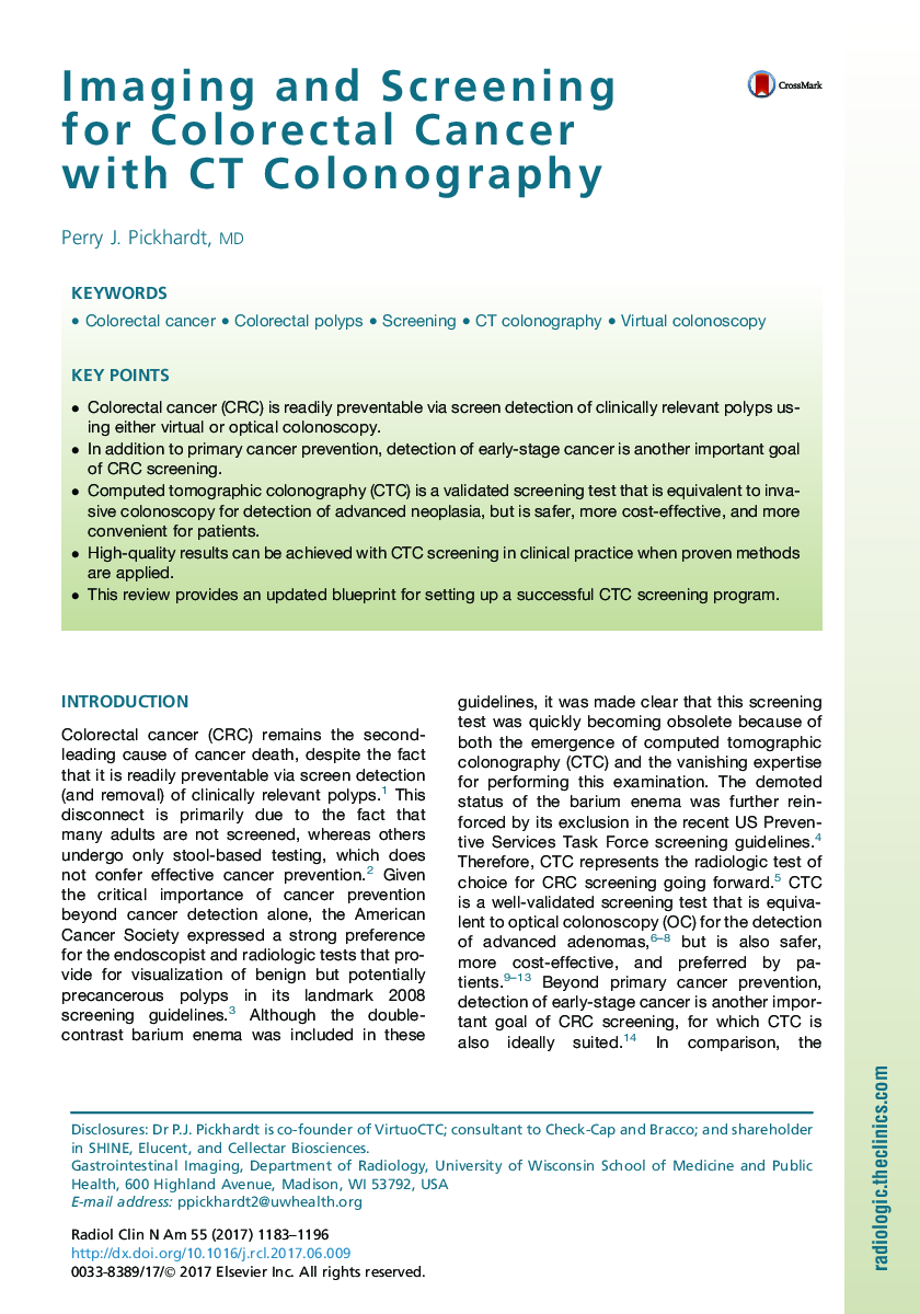 Imaging and Screening for Colorectal Cancer with CT Colonography