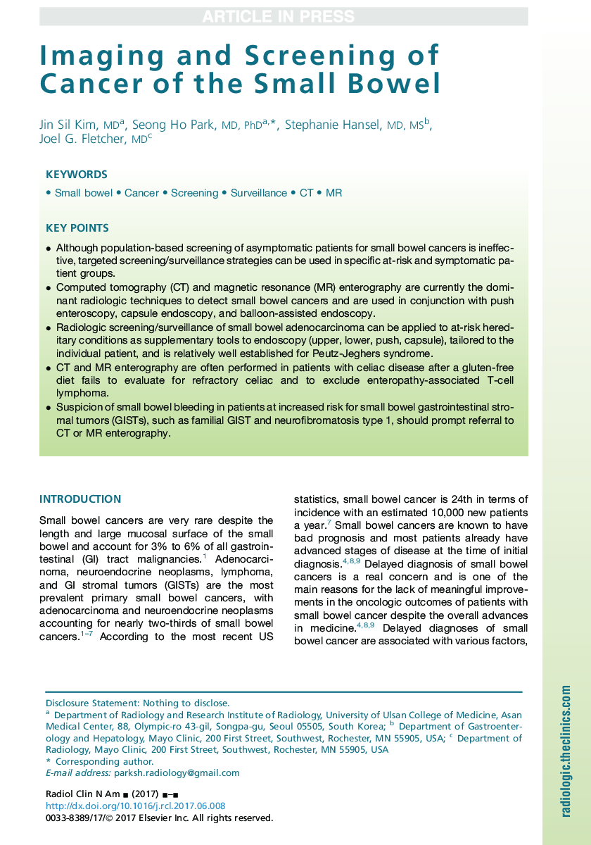 Imaging and Screening of Cancer of the Small Bowel