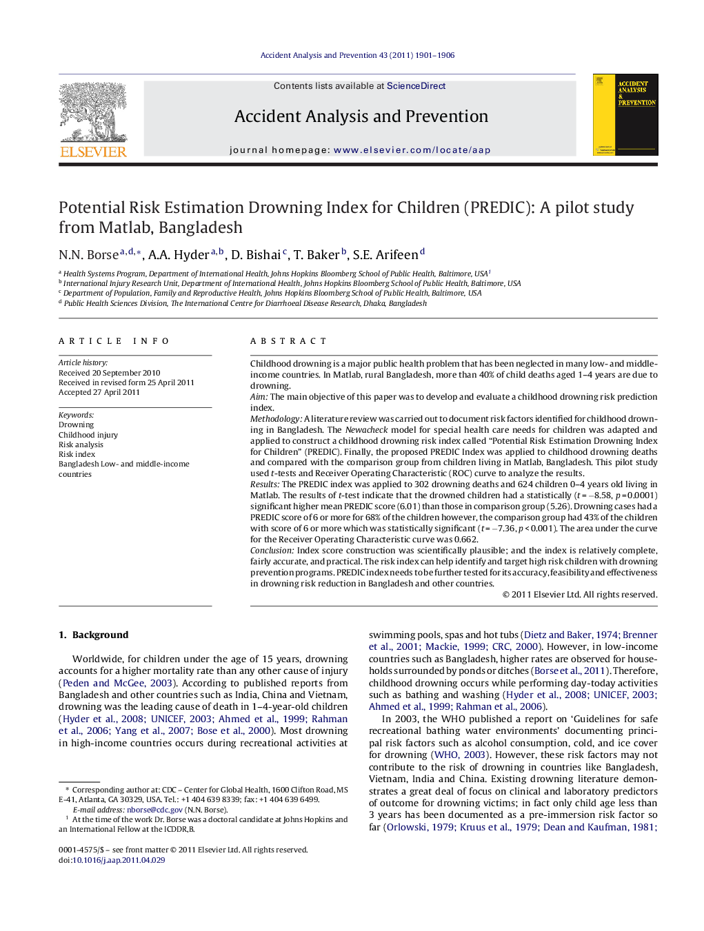 Potential Risk Estimation Drowning Index for Children (PREDIC): A pilot study from Matlab, Bangladesh