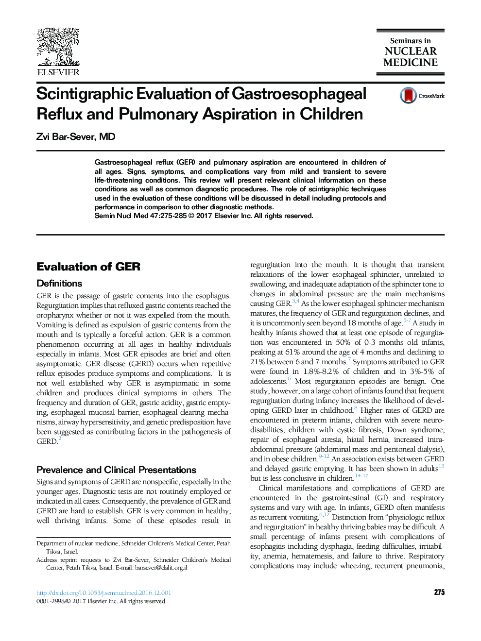 Scintigraphic Evaluation of Gastroesophageal Reflux and Pulmonary Aspiration in Children