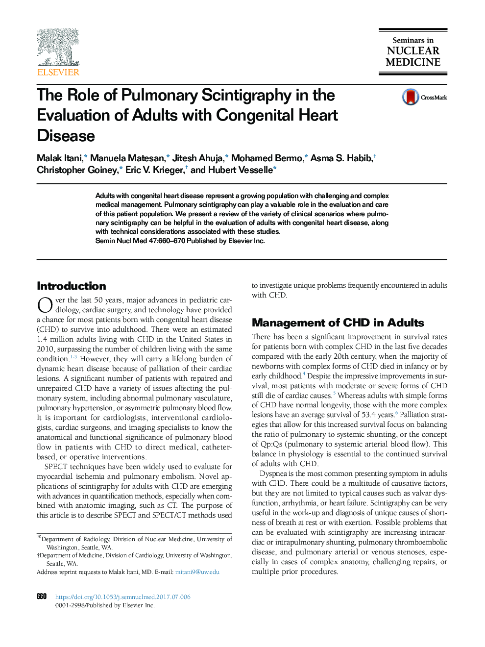 The Role of Pulmonary Scintigraphy in the Evaluation of Adults with Congenital Heart Disease