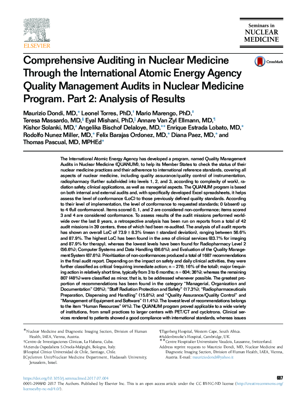 Comprehensive Auditing in Nuclear Medicine Through the International Atomic Energy Agency Quality Management Audits in Nuclear Medicine Program. Part 2: Analysis of Results