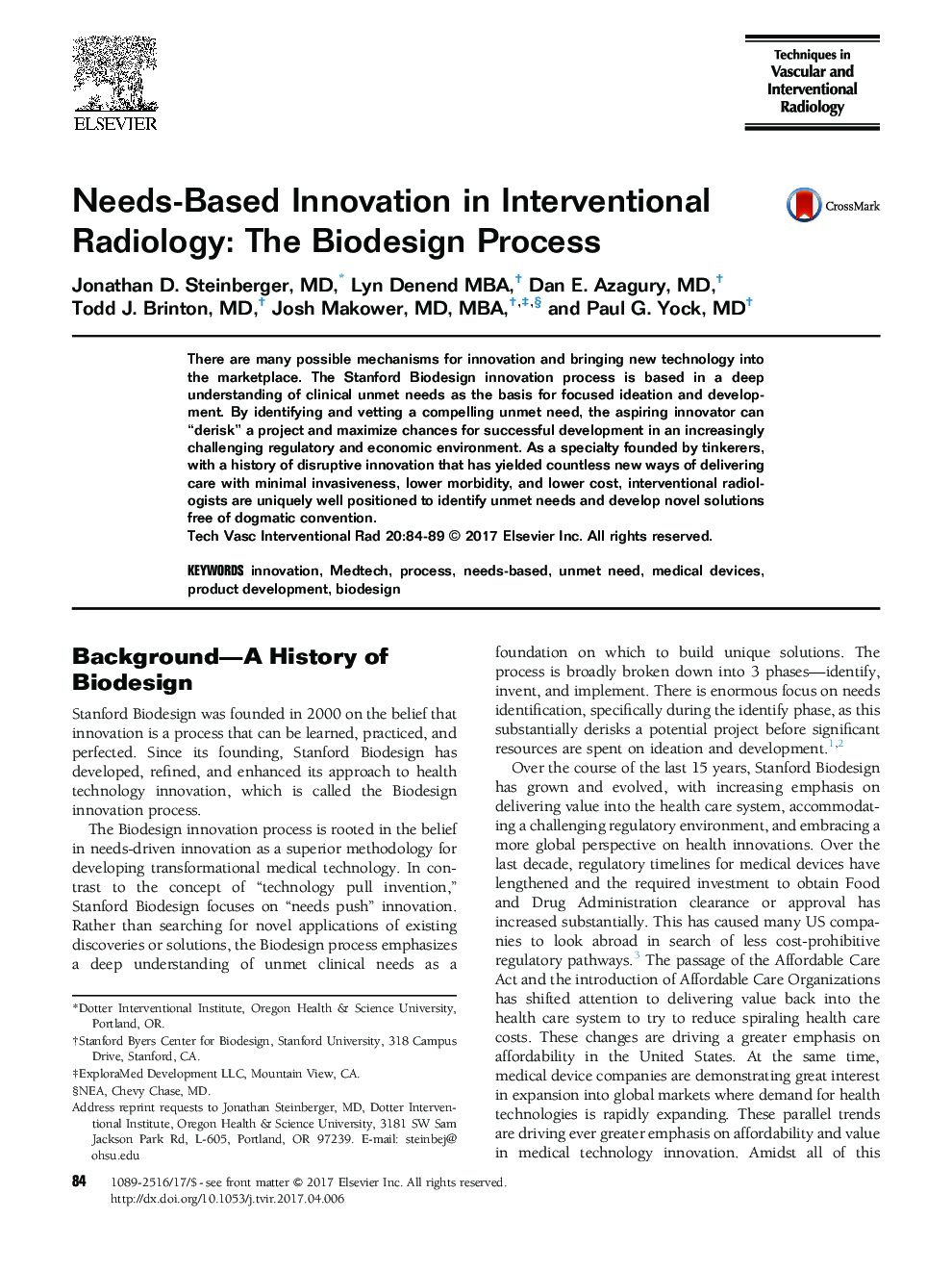 Needs-Based Innovation in Interventional Radiology: The Biodesign Process