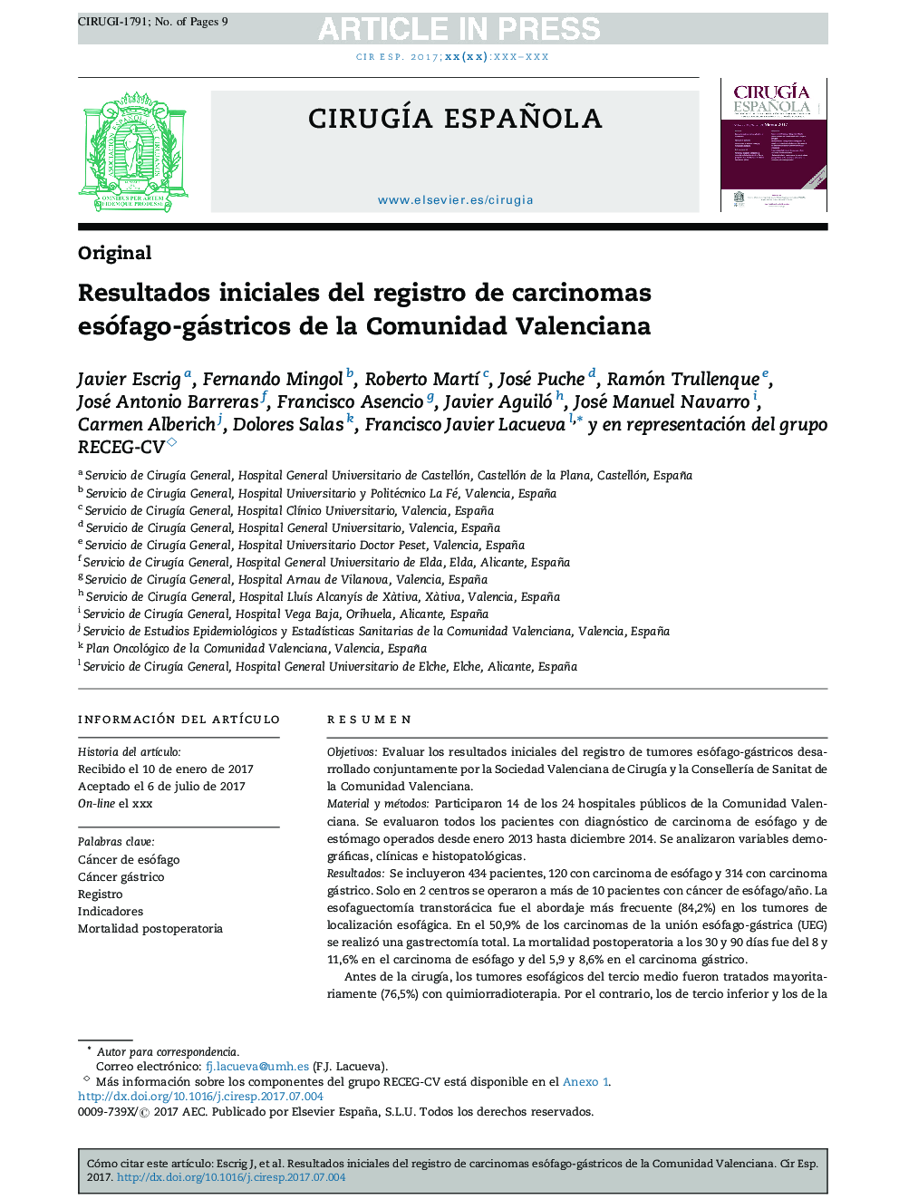 Resultados iniciales del registro de carcinomas esófago-gástricos de la Comunidad Valenciana