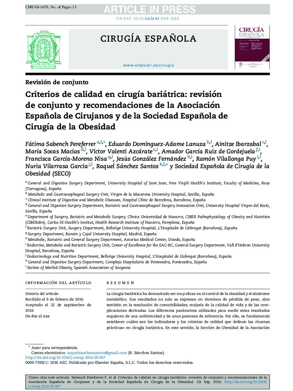 Criterios de calidad en cirugÃ­a bariátrica: revisión de conjunto y recomendaciones de la Asociación Española de Cirujanos y de la Sociedad Española de CirugÃ­a de la Obesidad