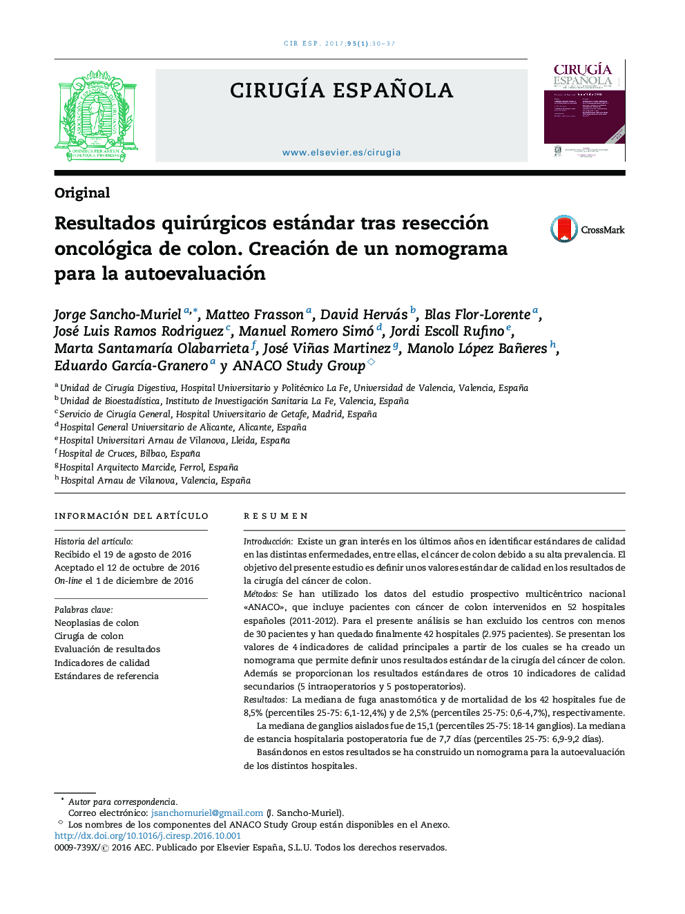 Resultados quirúrgicos estándar tras resección oncológica de colon. Creación de un nomograma para la autoevaluación