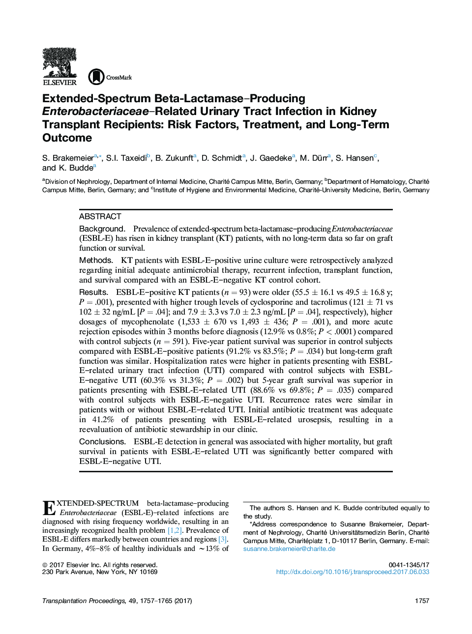 New Approaches in TransplantationKidney transplantationExtended-Spectrum Beta-Lactamase-Producing Enterobacteriaceae-Related Urinary Tract Infection in Kidney Transplant Recipients: Risk Factors, Treatment, and Long-Term Outcome