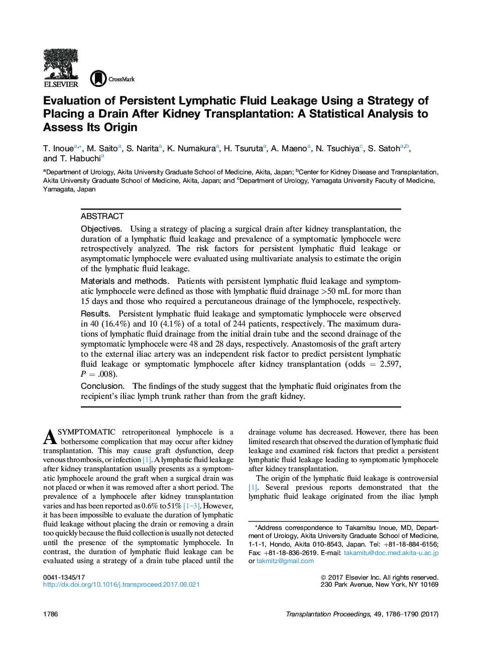 New Approaches in TransplantationKidney transplantationEvaluation of Persistent Lymphatic Fluid Leakage Using a Strategy of Placing a Drain After Kidney Transplantation: A Statistical Analysis to Assess Its Origin
