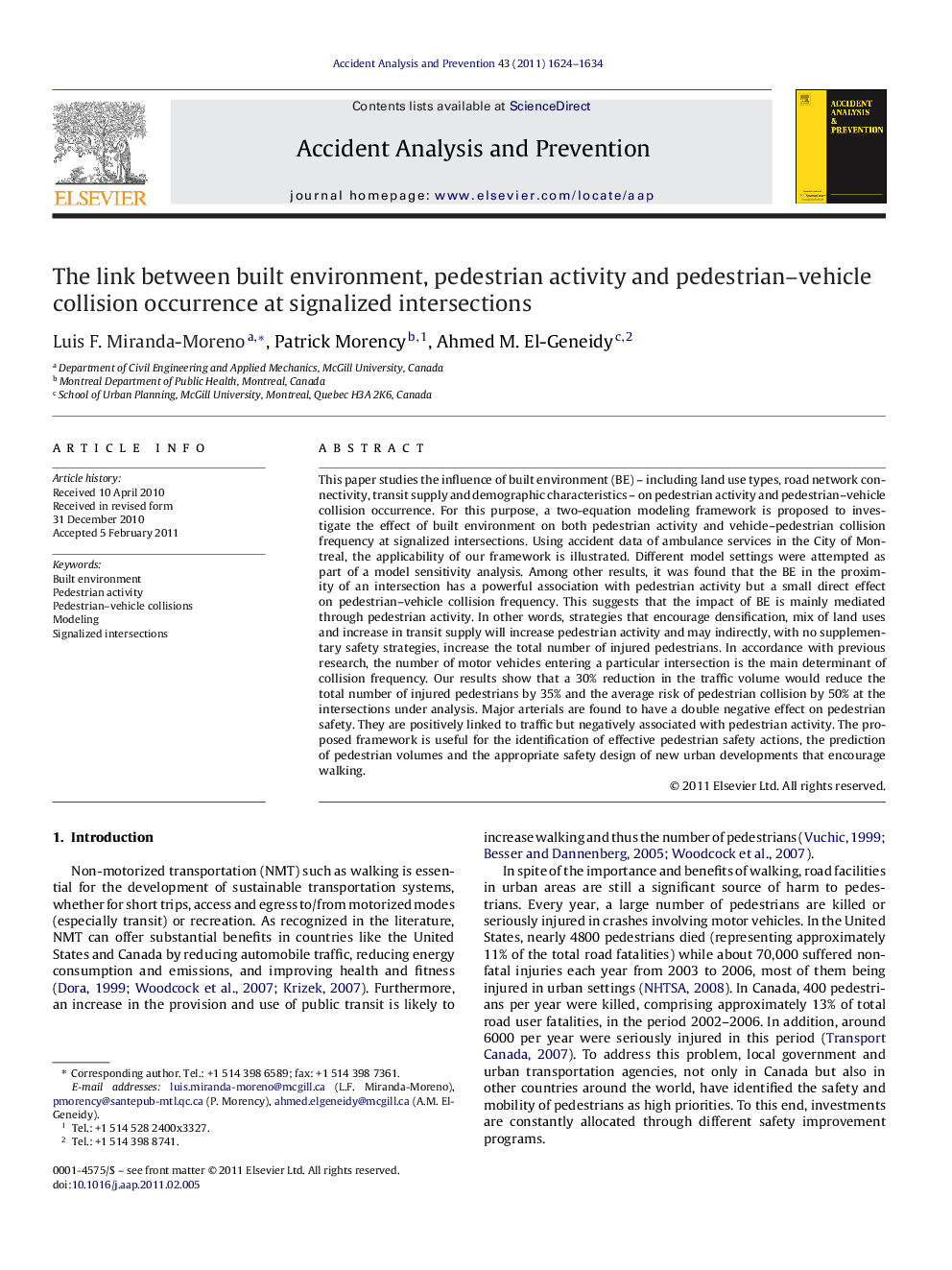 The link between built environment, pedestrian activity and pedestrian–vehicle collision occurrence at signalized intersections