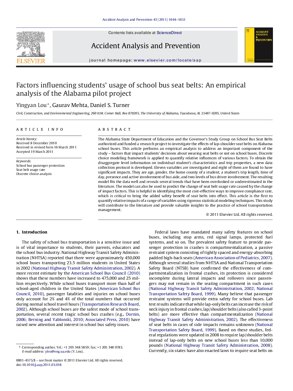 Factors influencing students’ usage of school bus seat belts: An empirical analysis of the Alabama pilot project