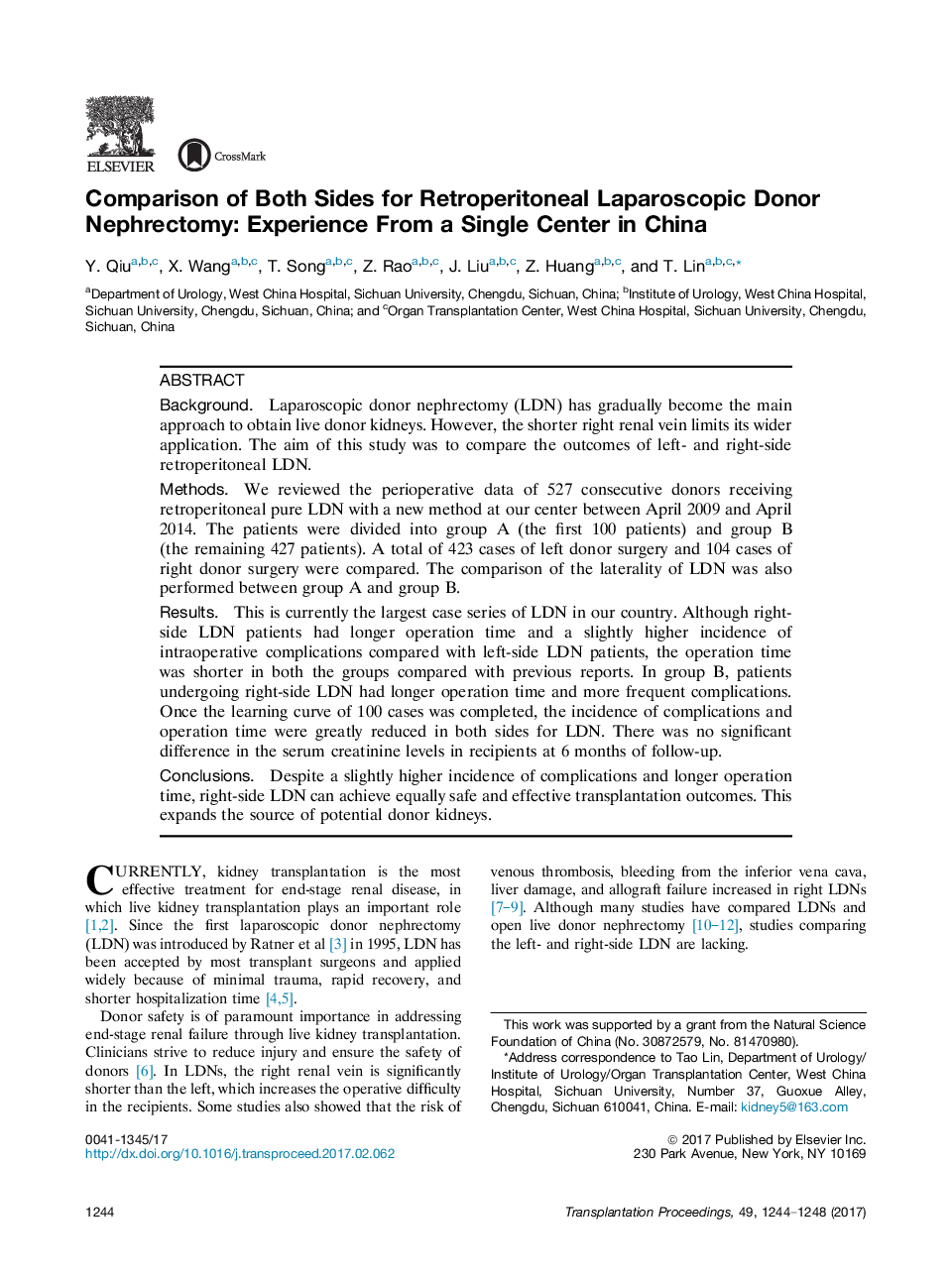 Advances in TransplantationKidney transplantationComparison of Both Sides for Retroperitoneal Laparoscopic Donor Nephrectomy: Experience From a Single Center in China