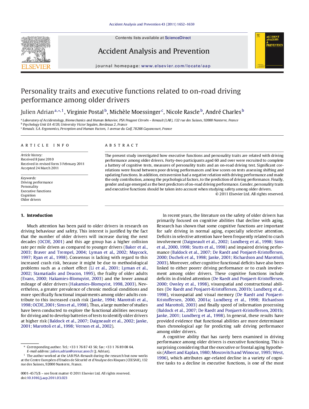 Personality traits and executive functions related to on-road driving performance among older drivers