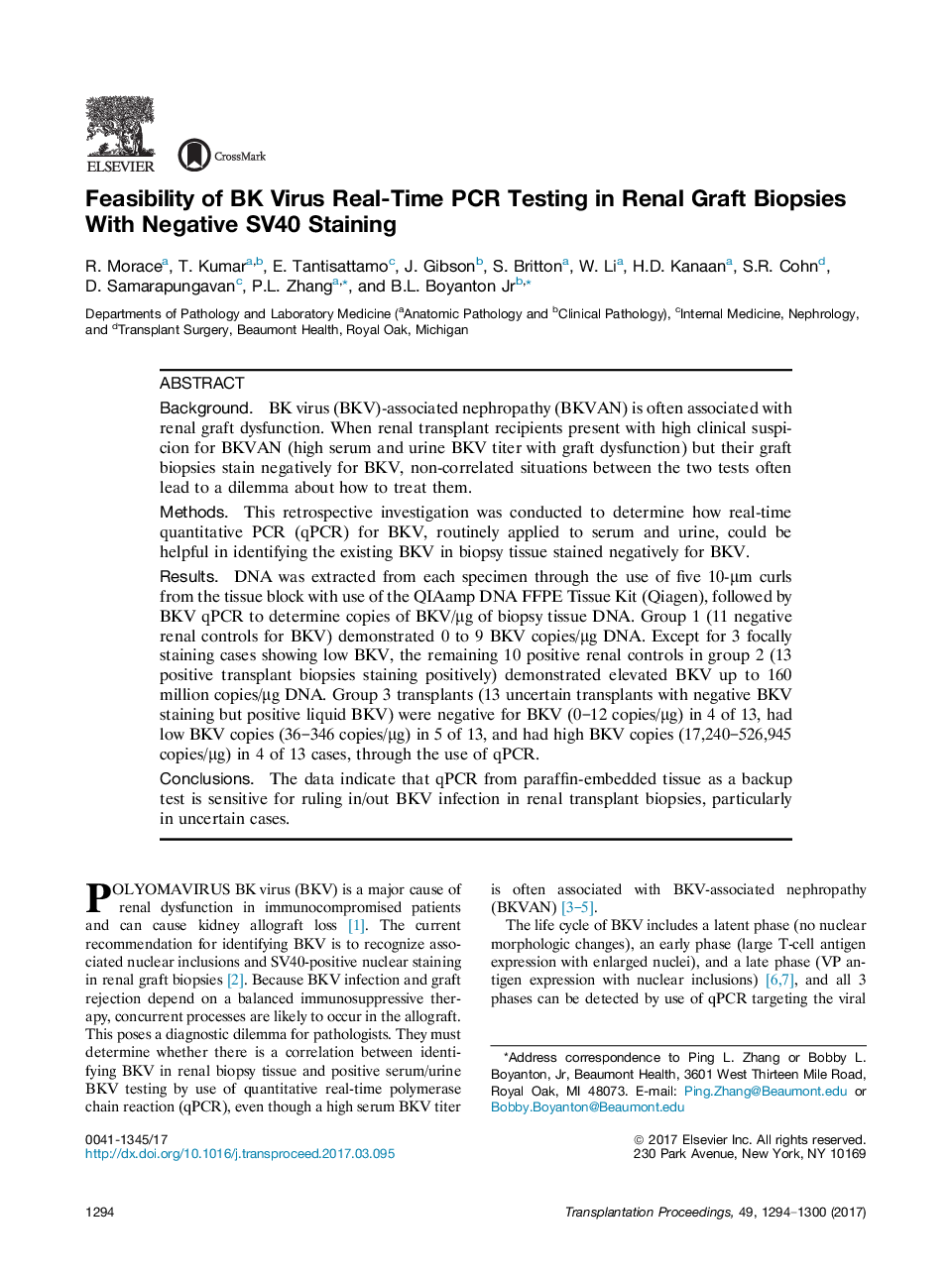 Advances in TransplantationKidney transplantationFeasibility of BK Virus Real-Time PCR Testing in Renal Graft Biopsies With Negative SV40 Staining