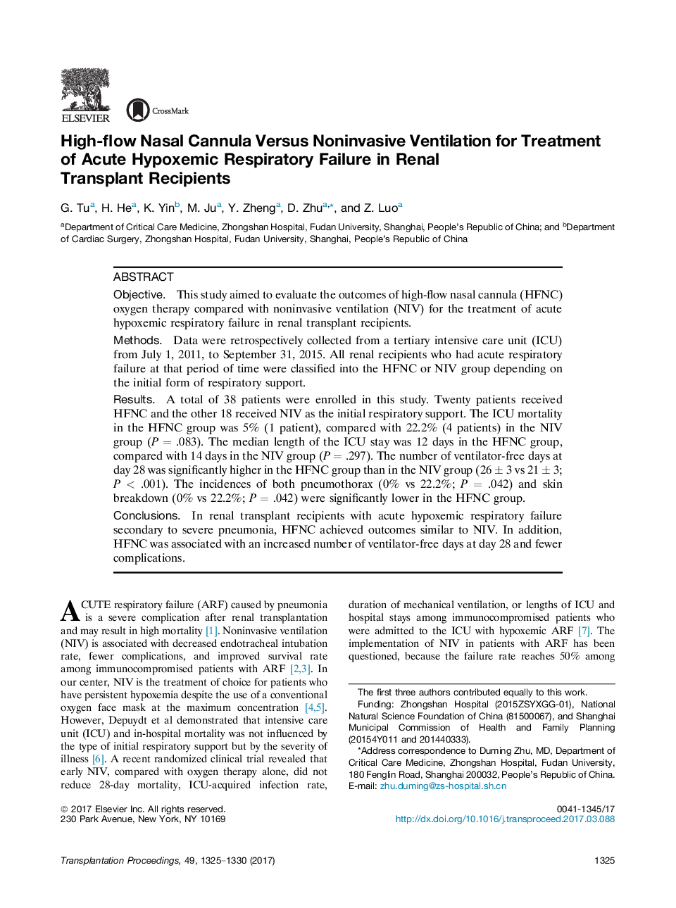 Advances in TransplantationKidney transplantationHigh-flow Nasal Cannula Versus Noninvasive Ventilation for Treatment of Acute Hypoxemic Respiratory Failure in Renal Transplant Recipients