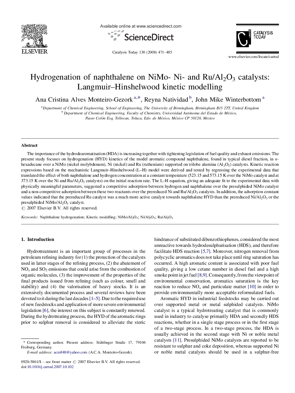 Hydrogenation of naphthalene on NiMo- Ni- and Ru/Al2O3 catalysts: Langmuir–Hinshelwood kinetic modelling