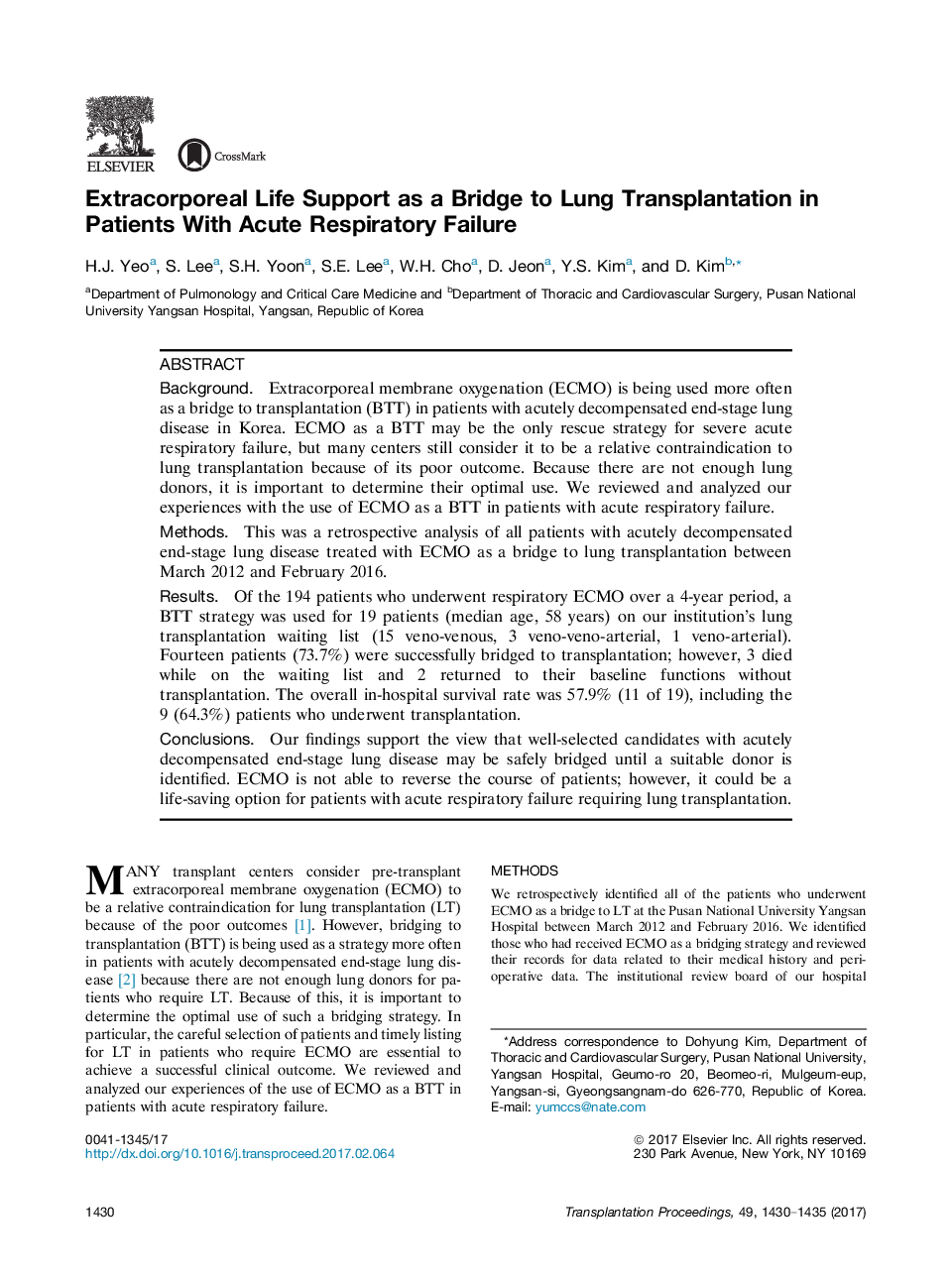 Advances in TransplantationLung and cardiac transplantationExtracorporeal Life Support as a Bridge to Lung Transplantation in Patients With Acute Respiratory Failure