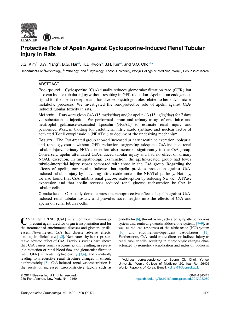 Advances in TransplantationExperimental studyProtective Role of Apelin Against Cyclosporine-Induced Renal Tubular Injury in Rats