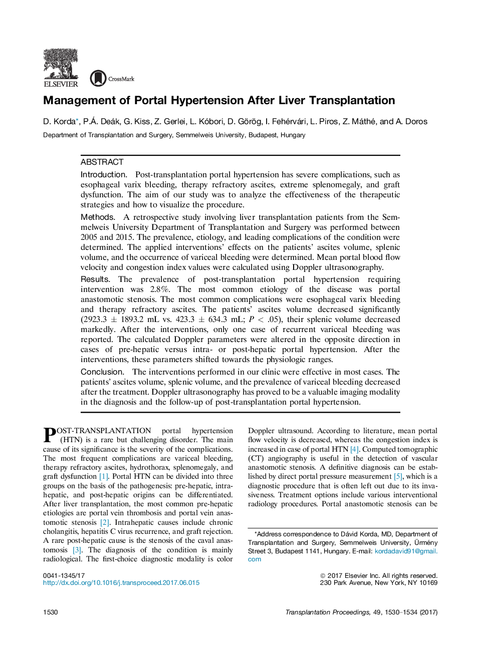 18th Congress of the Hungarian Transplantation SocietyLiver transplantationManagement of Portal Hypertension After Liver Transplantation