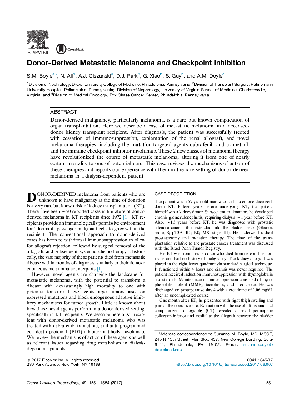 Original Works: Case ReportsKidneyDonor-Derived Metastatic Melanoma and Checkpoint Inhibition