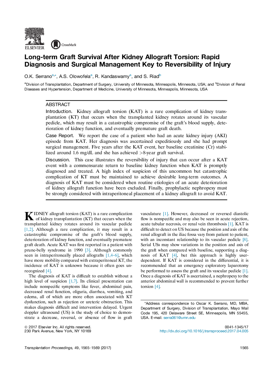 آثار اصلی: گزارش موارد موردی بقا بعد از پیوند کلیه پس از پیوند کلیه: تشخیص سریع و مدیریت جراحی کلید برگشت پذیری آسیب 