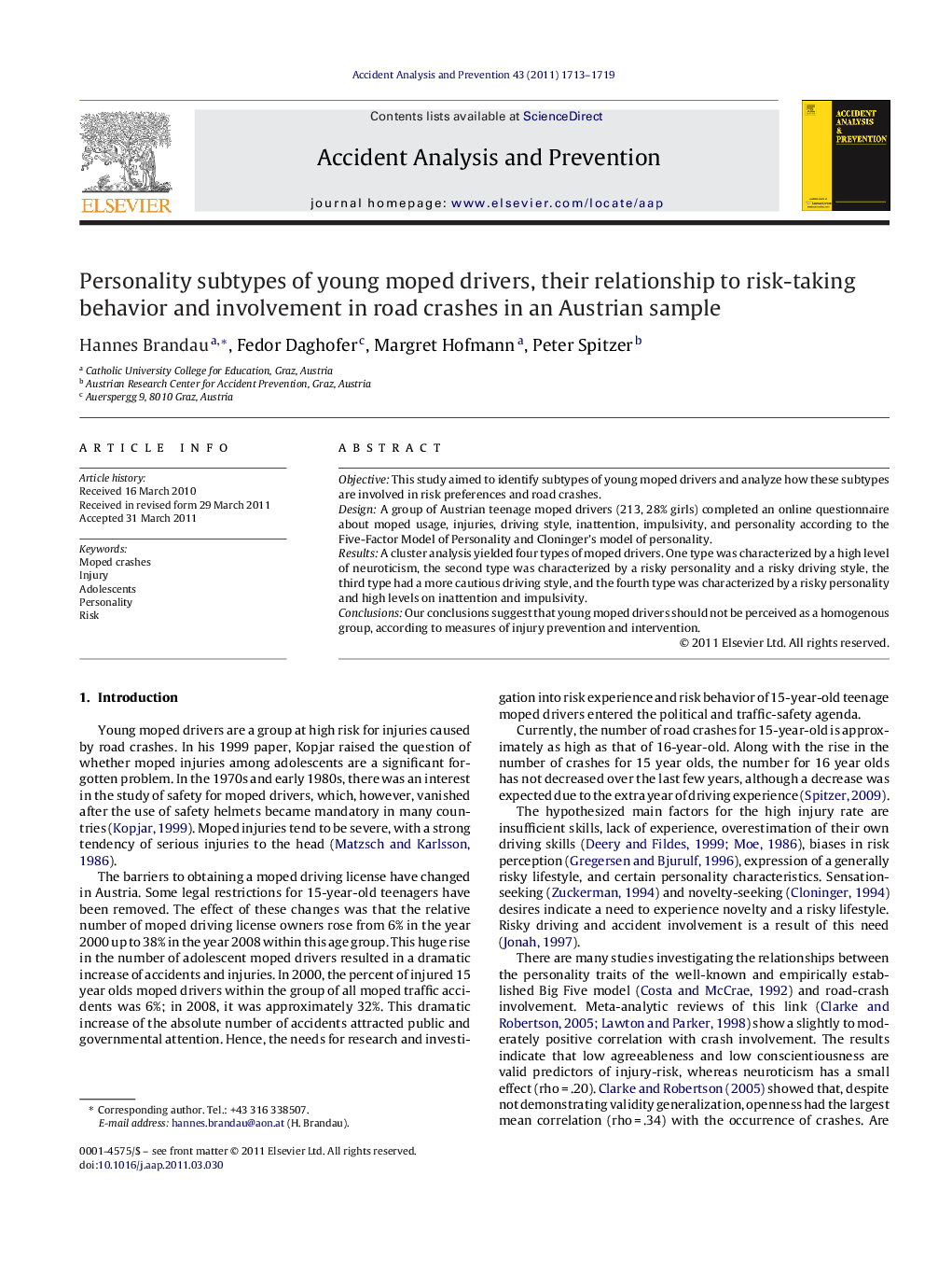 Personality subtypes of young moped drivers, their relationship to risk-taking behavior and involvement in road crashes in an Austrian sample