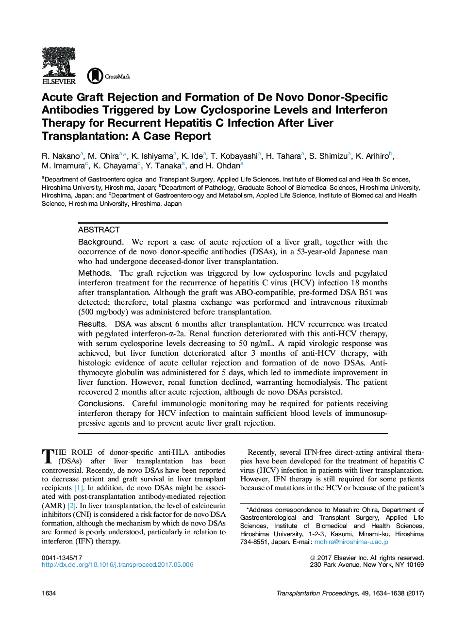 Original Works: Case ReportsLiverAcute Graft Rejection and Formation of De Novo Donor-Specific Antibodies Triggered by Low Cyclosporine Levels and Interferon Therapy for Recurrent Hepatitis C Infection After Liver Transplantation: A Case Report