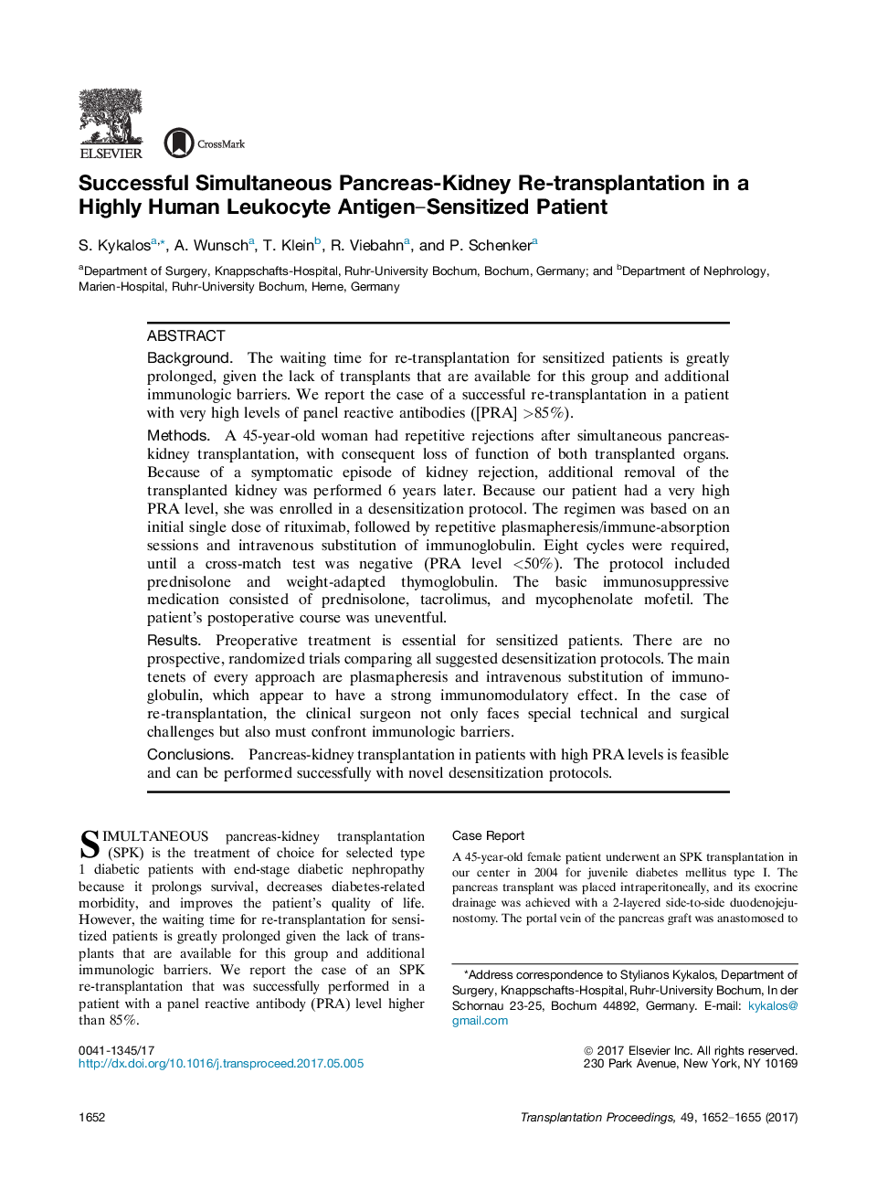 Original Works: Case ReportsPancreasSuccessful Simultaneous Pancreas-Kidney Re-transplantation in a Highly Human Leukocyte Antigen-Sensitized Patient