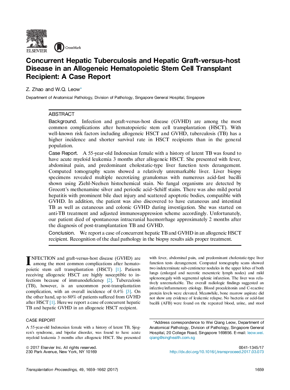 Original Works: Case ReportsStem cellConcurrent Hepatic Tuberculosis and Hepatic Graft-versus-host Disease in an Allogeneic Hematopoietic Stem Cell Transplant Recipient: A Case Report