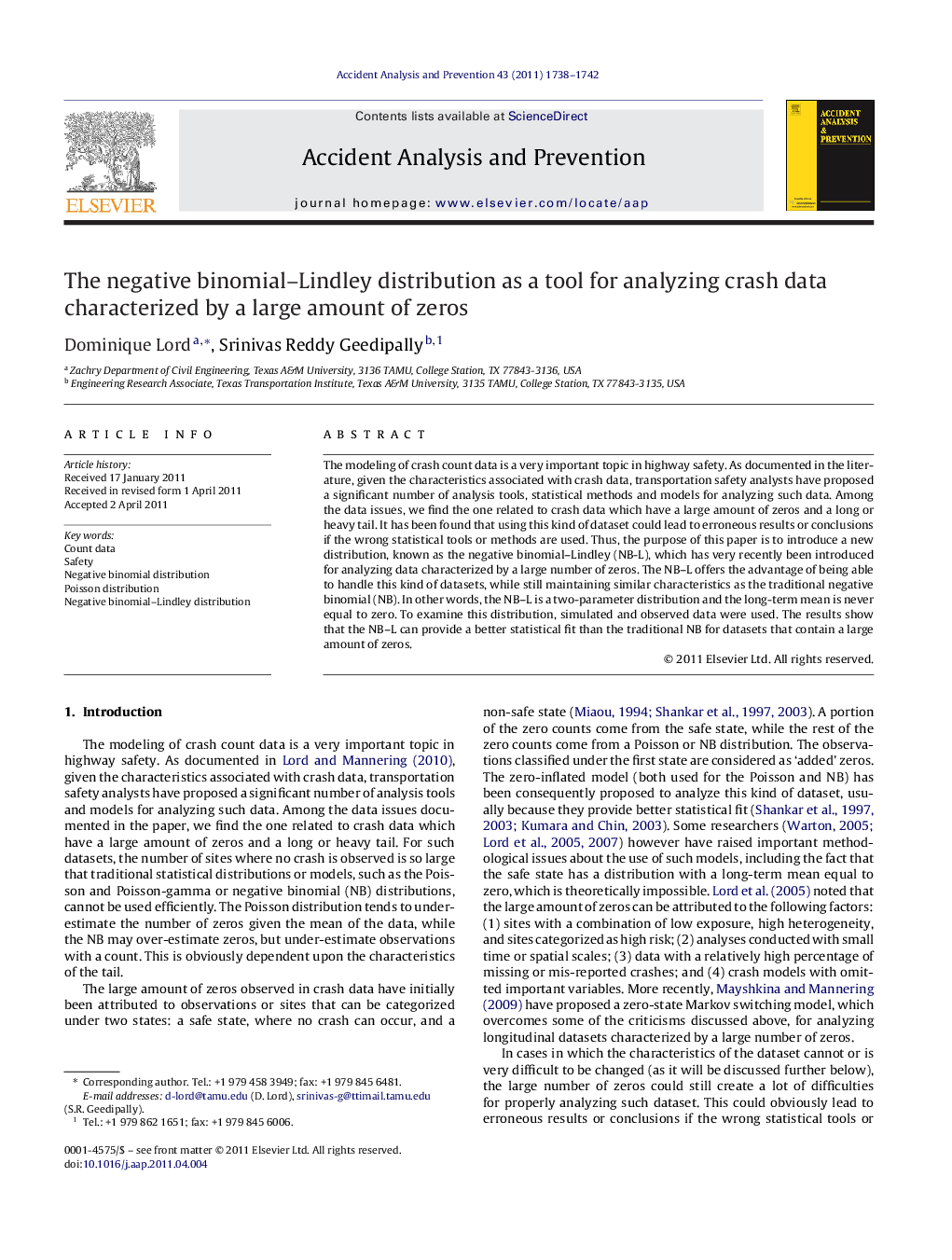 The negative binomial–Lindley distribution as a tool for analyzing crash data characterized by a large amount of zeros