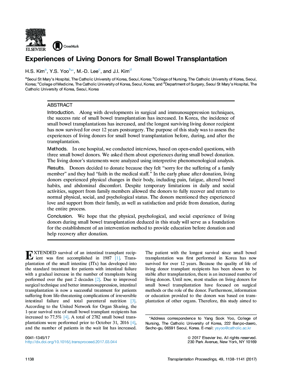 Asian Transplantation Week 2016Small bowel transplantationExperiences of Living Donors for Small Bowel Transplantation