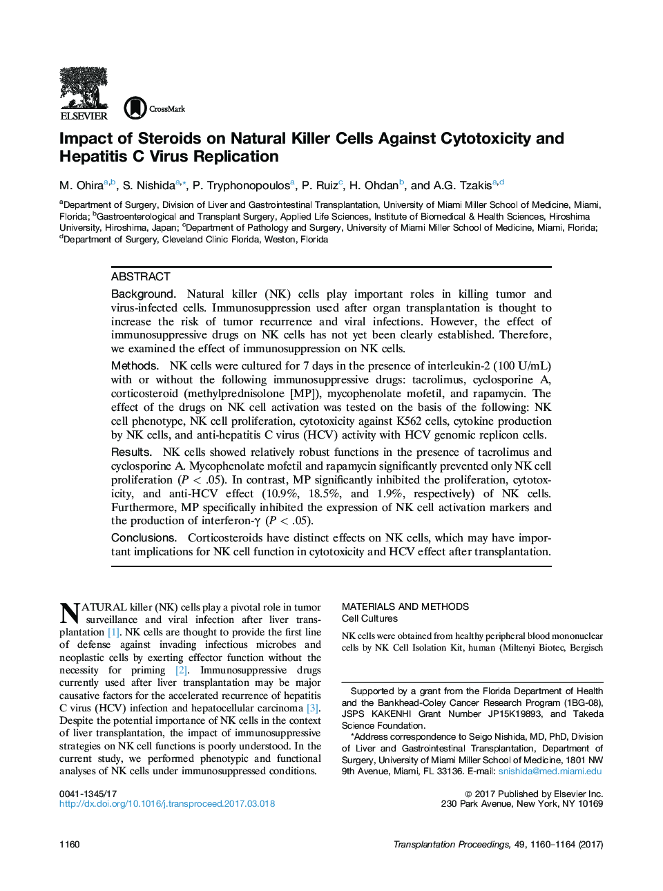 Asian Transplantation Week 2016Experimental studyImpact of Steroids on Natural Killer Cells Against Cytotoxicity and Hepatitis C Virus Replication