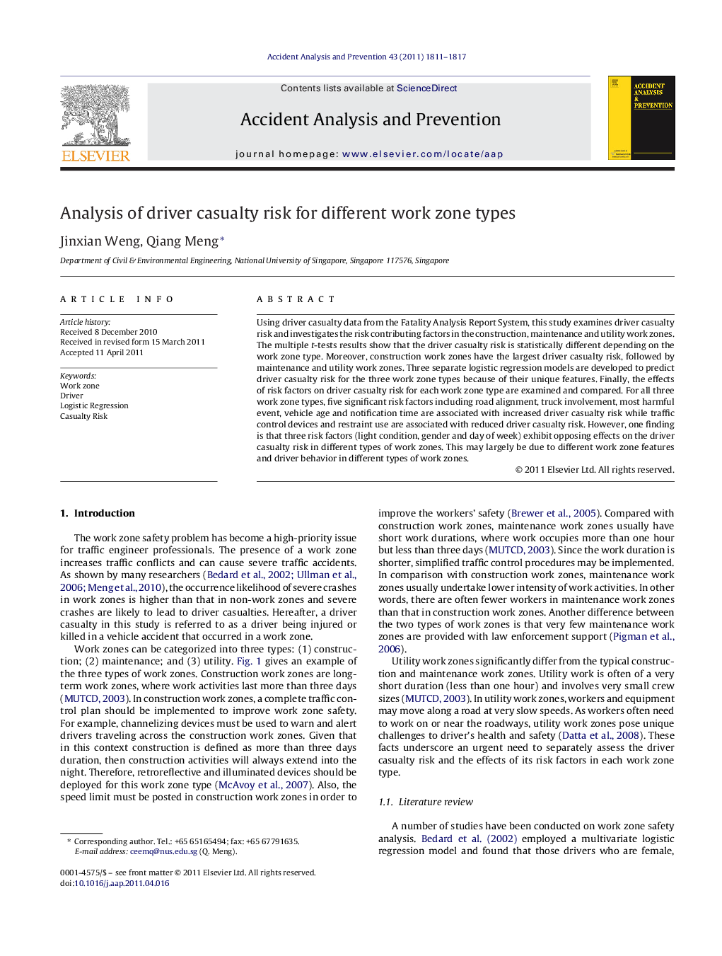 Analysis of driver casualty risk for different work zone types