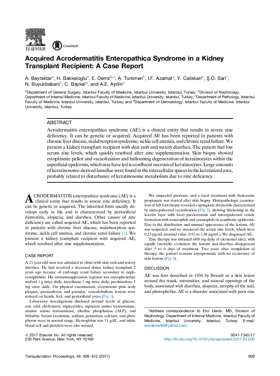 Acquired Acrodermatitis Enteropathica Syndrome in a Kidney Transplant Recipient: A Case Report