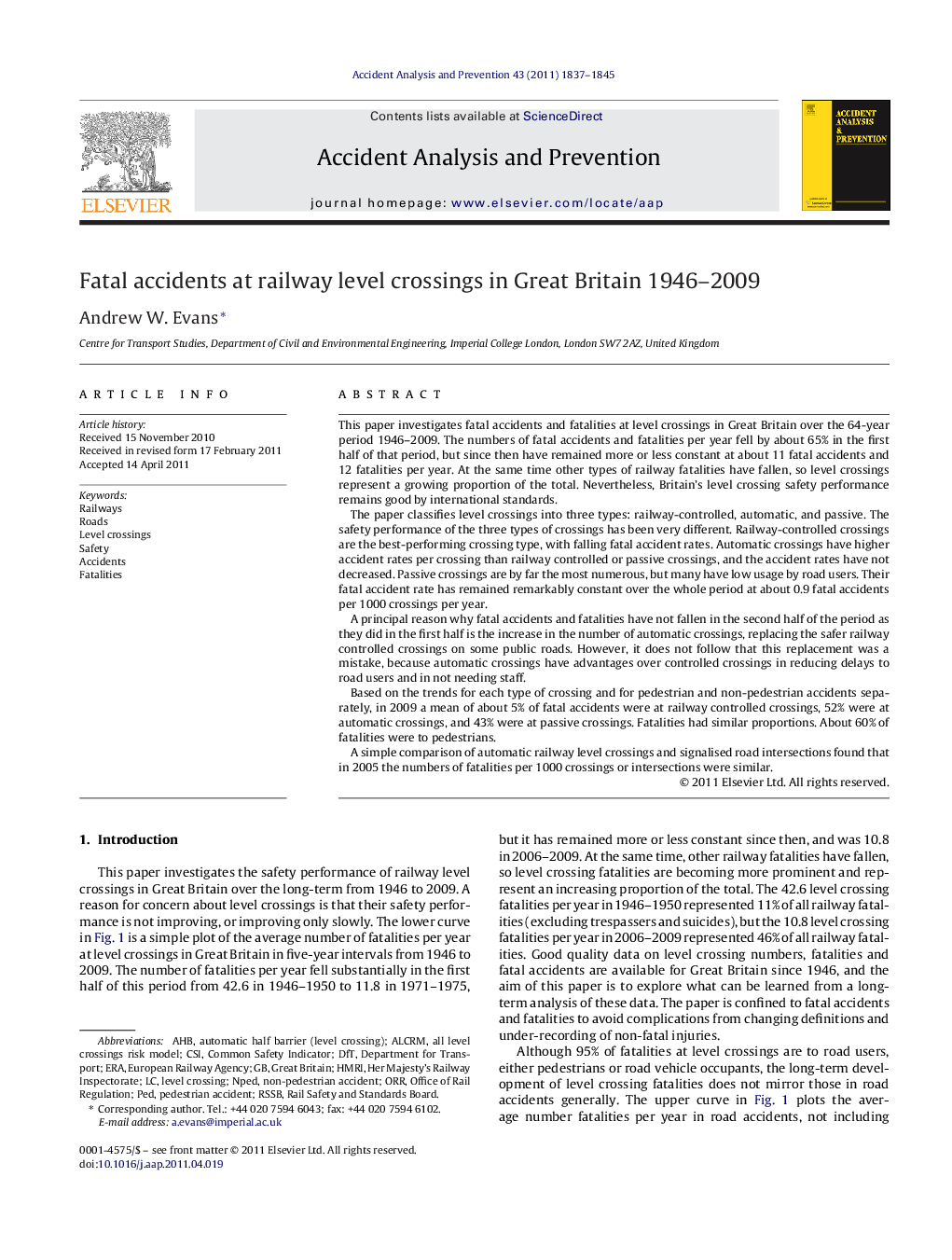 عکس صفحه اول مقاله: Fatal accidents at railway level crossings in Great Britain 1946–2009 Fatal accidents at railway level crossings in Great Britain 1946–2009