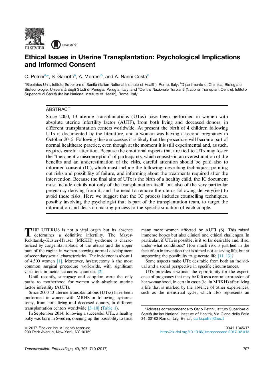 40th Congress of the Italian Transplantation SocietyOther clinical transplantationEthical Issues in Uterine Transplantation: Psychological Implications and Informed Consent