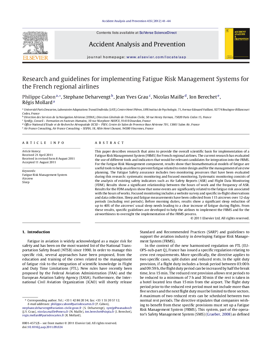 Research and guidelines for implementing Fatigue Risk Management Systems for the French regional airlines