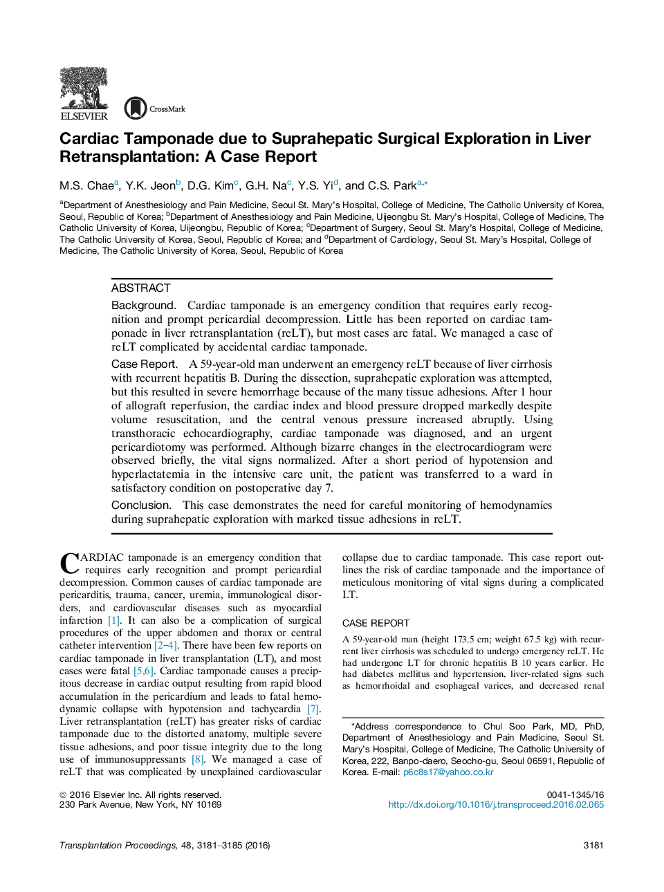 Original contributions: Case reportsLiverCardiac Tamponade due to Suprahepatic Surgical Exploration in Liver Retransplantation: A Case Report