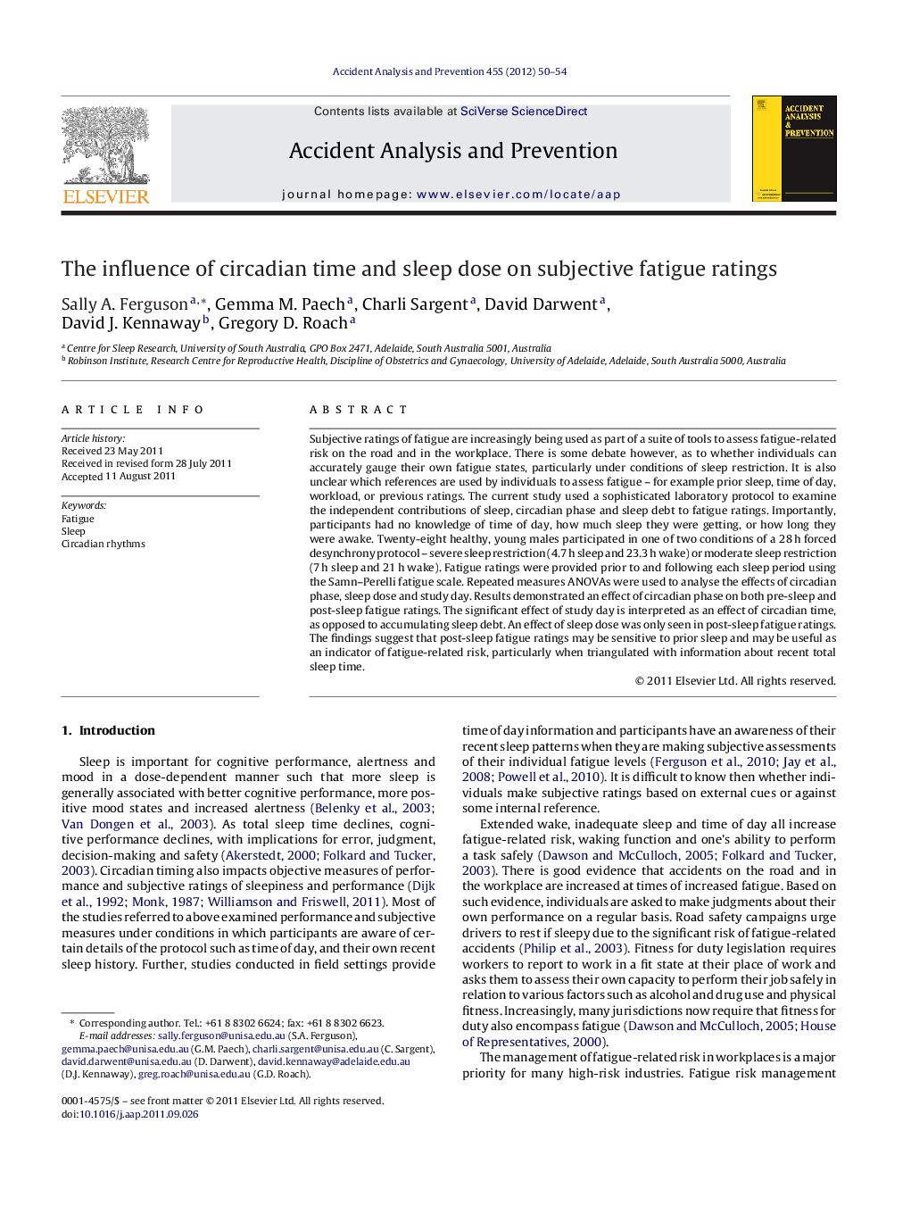 The influence of circadian time and sleep dose on subjective fatigue ratings