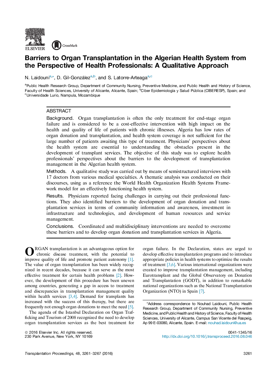 Recent Advances in TransplantationRenal transplantationBarriers to Organ Transplantation in the Algerian Health System from the Perspective of Health Professionals: A Qualitative Approach