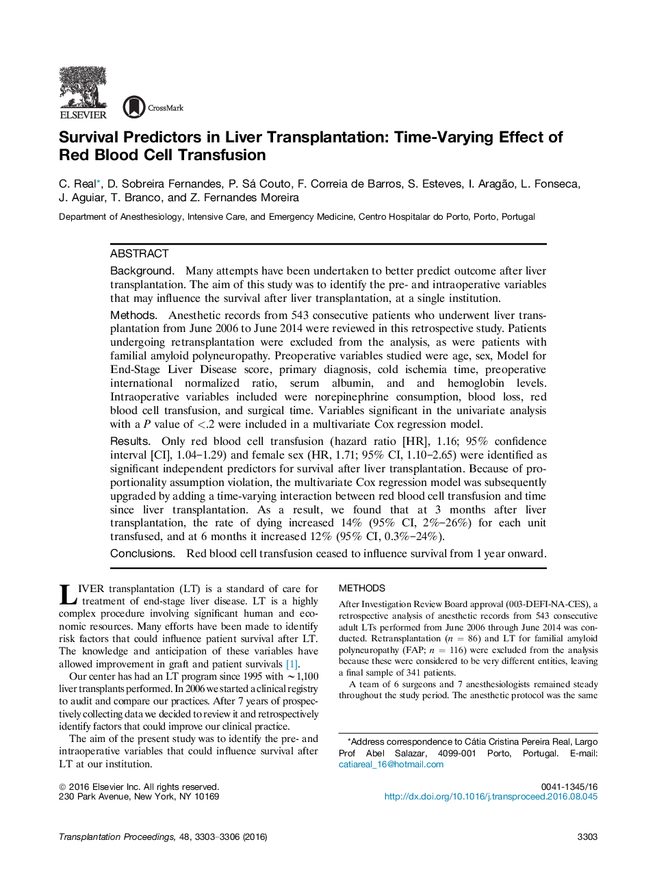 Recent Advances in TransplantationLiver transplantationSurvival Predictors in Liver Transplantation: Time-Varying Effect of Red Blood Cell Transfusion