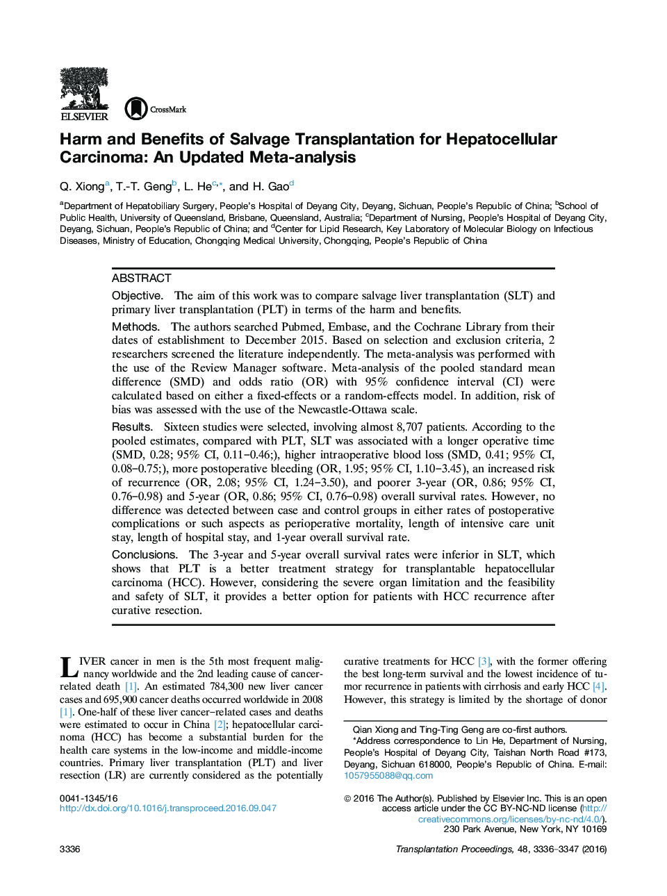 Recent Advances in TransplantationLiver transplantationHarm and Benefits of Salvage Transplantation for Hepatocellular Carcinoma: An Updated Meta-analysis