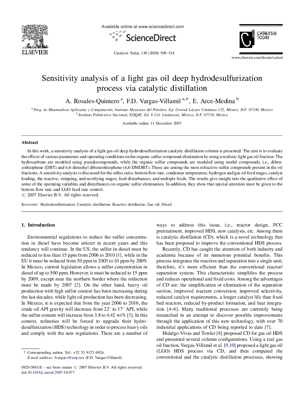 Sensitivity analysis of a light gas oil deep hydrodesulfurization process via catalytic distillation