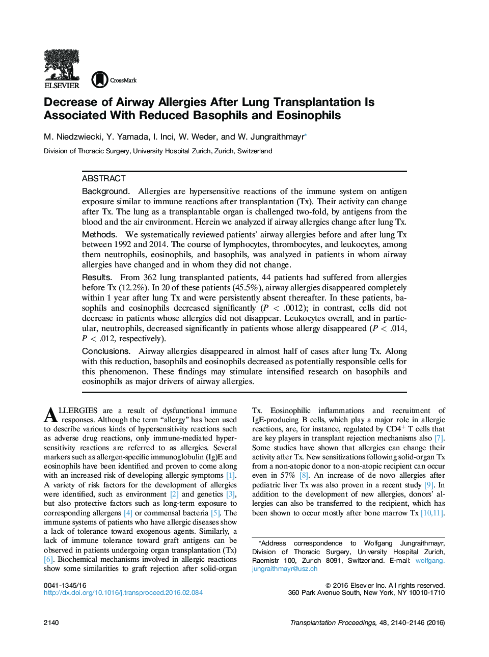 Horizons in TransplantationThoracic transplantationDecrease of Airway Allergies After Lung Transplantation Is Associated With Reduced Basophils and Eosinophils